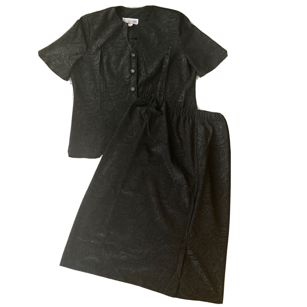 Pablo Collection Set Sz 16 Top Skirt Black Paisley A-Line Shoulder Pads Womens